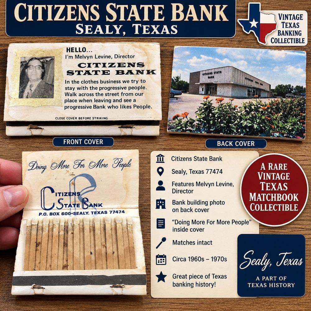Vintage Citizens State Bank Sealy Texas Matchbook Melvyn Levine Director 1960s